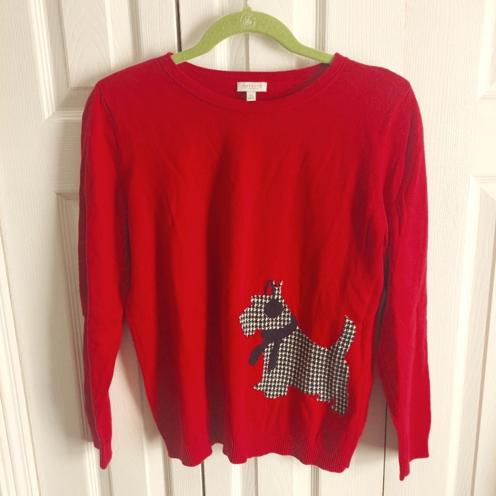Talbots LP Red Sweater with Schnauzer Dog Design On Front